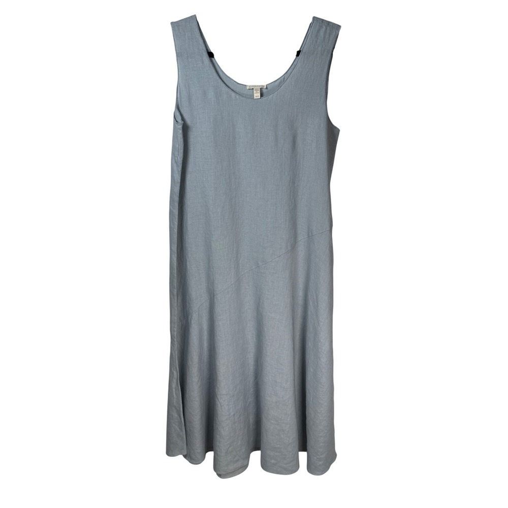 Eileen Fisher Size XS Organic Linen Sleeveless Asymmetrical Hem Midi Dress Blue